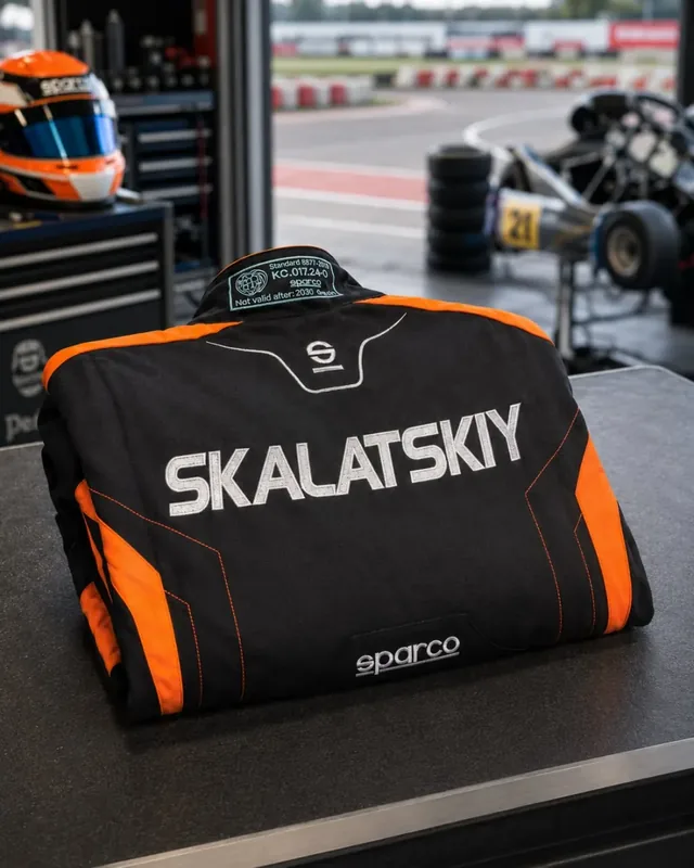 Выполнена персонализация фирменного комбинезона Sparco для юного пилота картинга