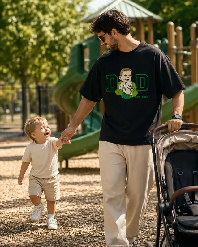 Вышивка композиции из слова DAD и портрета ребенка